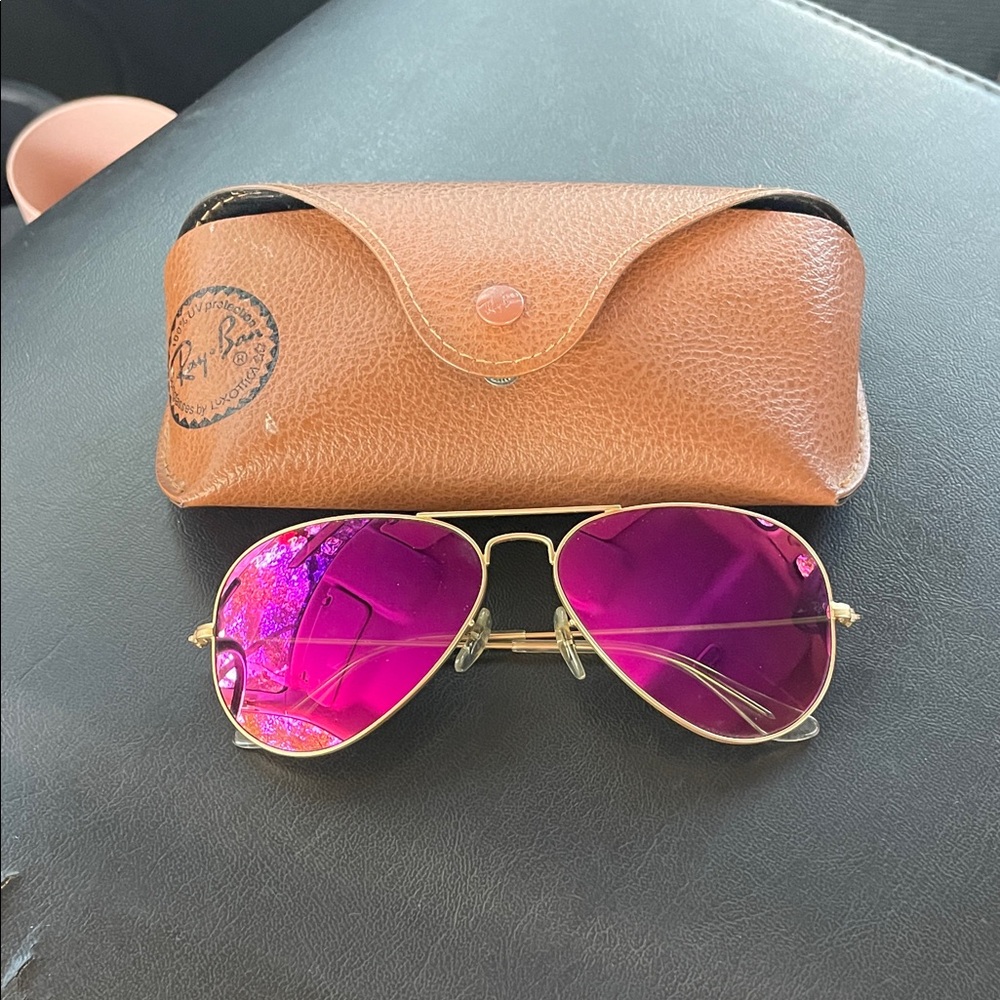 Ray-Ban Gold Aviator Sunglasses with Purple Lenses